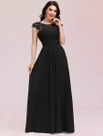 Elegant Maxi Long Lace Cap Sleeve Bridesmaid Dress – Black