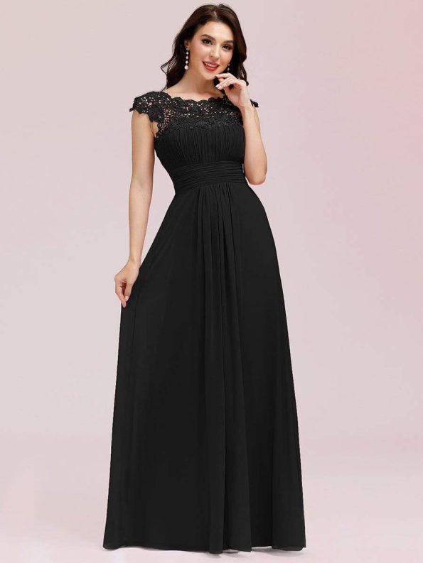 Elegant Maxi Long Lace Cap Sleeve Bridesmaid Dress - Black