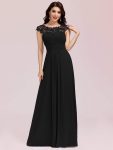 Elegant Maxi Long Lace Cap Sleeve Bridesmaid Dress – Black