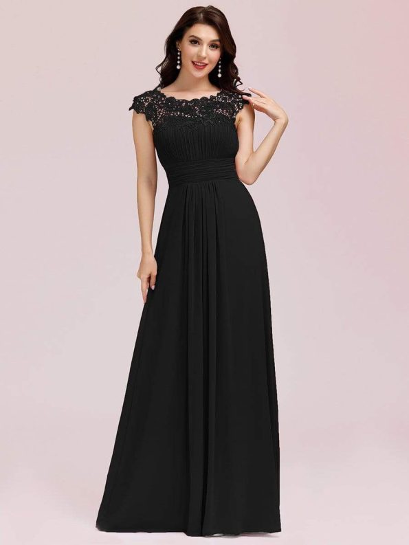 Elegant Maxi Long Lace Cap Sleeve Bridesmaid Dress - Black