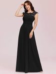 Elegant Maxi Long Lace Cap Sleeve Bridesmaid Dress – Black