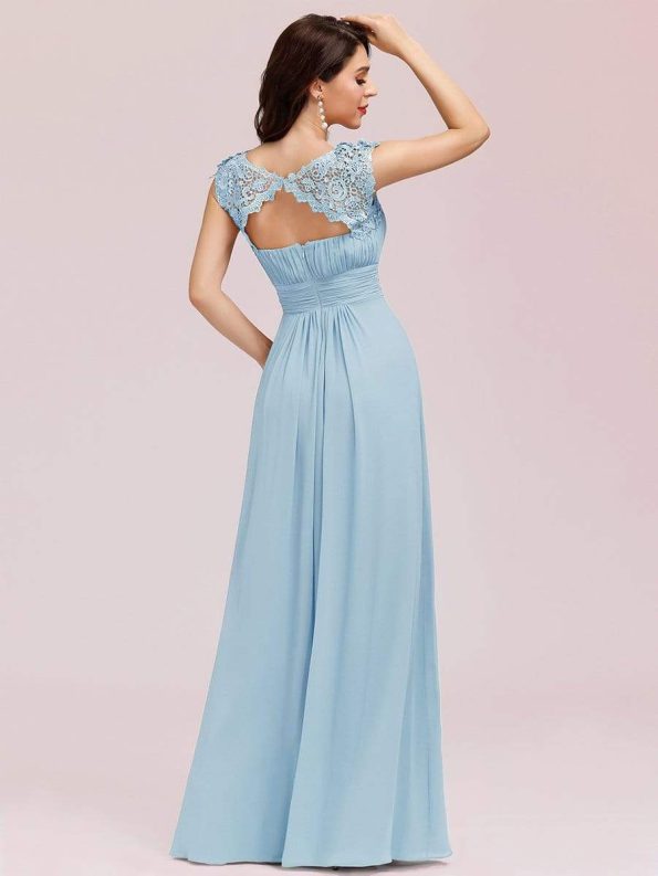 Elegant Maxi Long Lace Cap Sleeve Bridesmaid Dress - Sky Blue