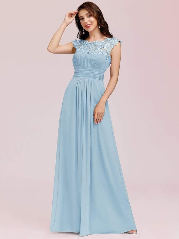 Elegant Maxi Long Lace Cap Sleeve Bridesmaid Dress - Sky Blue