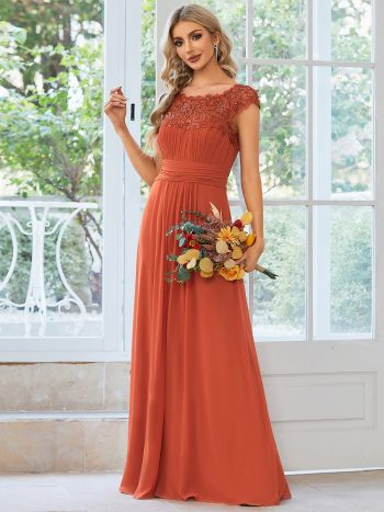 Classic Maxi Long Lace Cap Sleeve Bridesmaid Dress - Burnt Orange