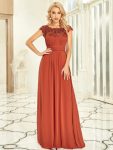 Elegant Floor-Length Lace Cap Sleeve Bridesmaid Dress – Burnt Orange