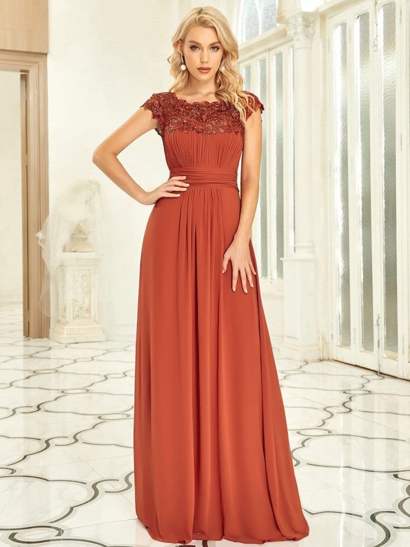 Elegant Floor-Length Lace Cap Sleeve Bridesmaid Dress - Burnt Orange