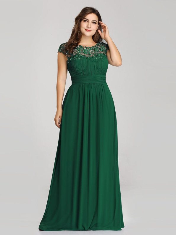 Elegant Maxi Long Lace Cap Sleeve Bridesmaid Dress - Dark Green