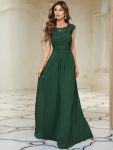 Elegant Maxi Long Lace Cap Sleeve Bridesmaid Dress – Dark Green