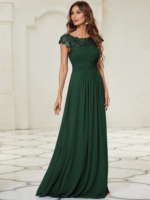 Elegant Maxi Long Lace Cap Sleeve Bridesmaid Dress - Dark Green