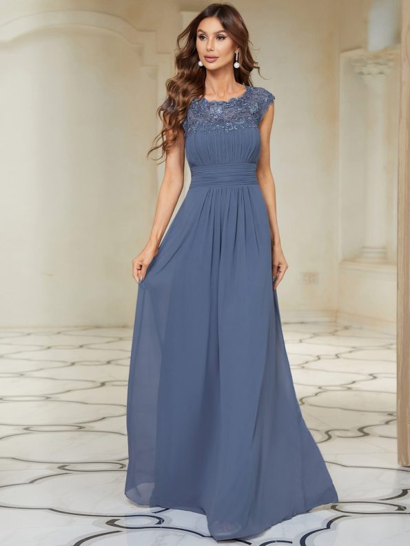 Maxi Lace Cap Sleeve Long Formal Evening Dress - Dusty Navy