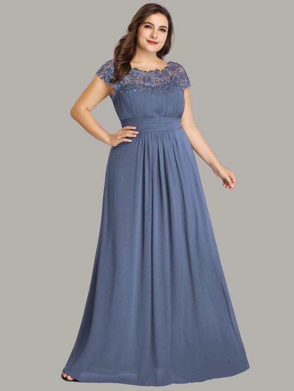 Maxi Lace Cap Sleeve Long Formal Evening Dress - Dusty Navy