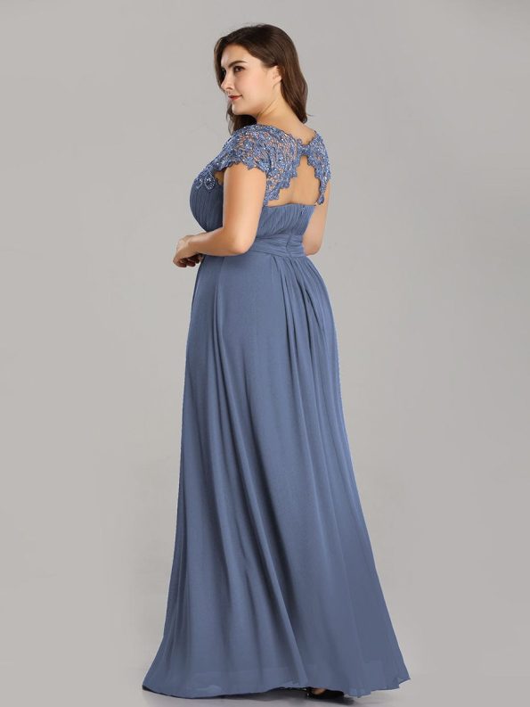 Elegant Maxi Long Lace Cap Sleeve Bridesmaid Dress - Dusty Navy