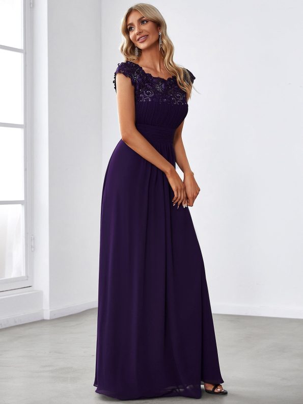 Maxi Lace Cap Sleeve Long Formal Evening Dress - Dark Purple