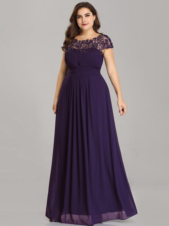 Classic Maxi Long Lace Cap Sleeve Bridesmaid Dress - Dark Purple