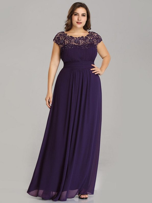 Classic Maxi Long Lace Cap Sleeve Bridesmaid Dress - Dark Purple