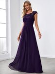 Classic Maxi Long Lace Cap Sleeve Bridesmaid Dress – Dark Purple