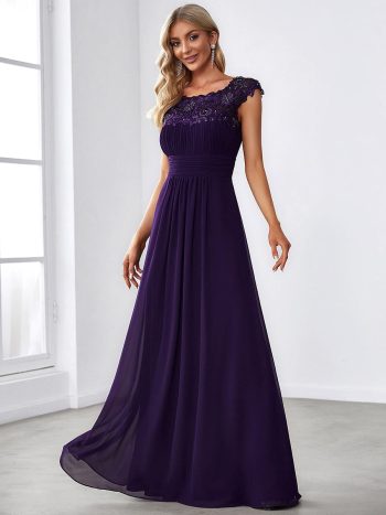 Classic Maxi Long Lace Cap Sleeve Bridesmaid Dress - Dark Purple