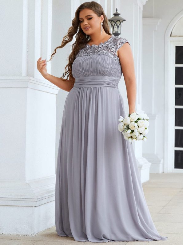 Classic Maxi Long Lace Cap Sleeve Bridesmaid Dress - Grey