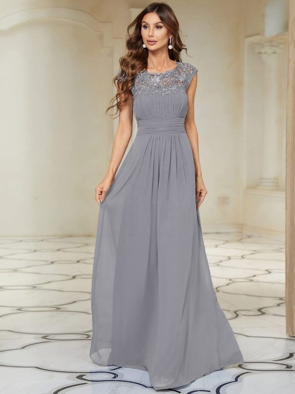 Classic Maxi Long Lace Cap Sleeve Bridesmaid Dress - Grey