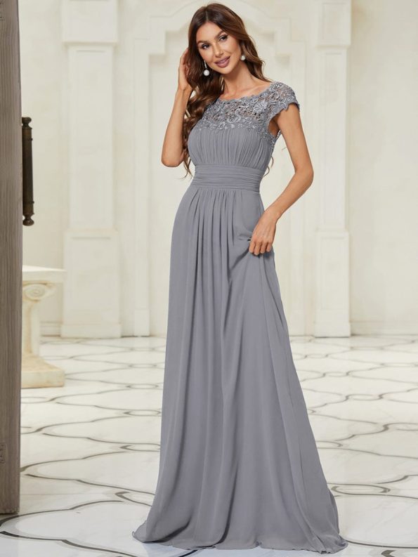 Classic Maxi Long Lace Cap Sleeve Bridesmaid Dress - Grey