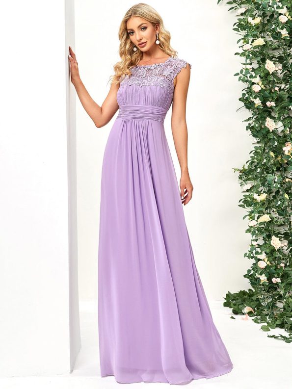 Classic Maxi Long Lace Cap Sleeve Bridesmaid Dress - Lavender