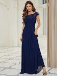 Maxi Lace Cap Sleeve Long Formal Evening Dress – Navy Blue