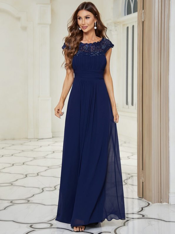 Maxi Lace Cap Sleeve Long Formal Evening Dress - Navy Blue