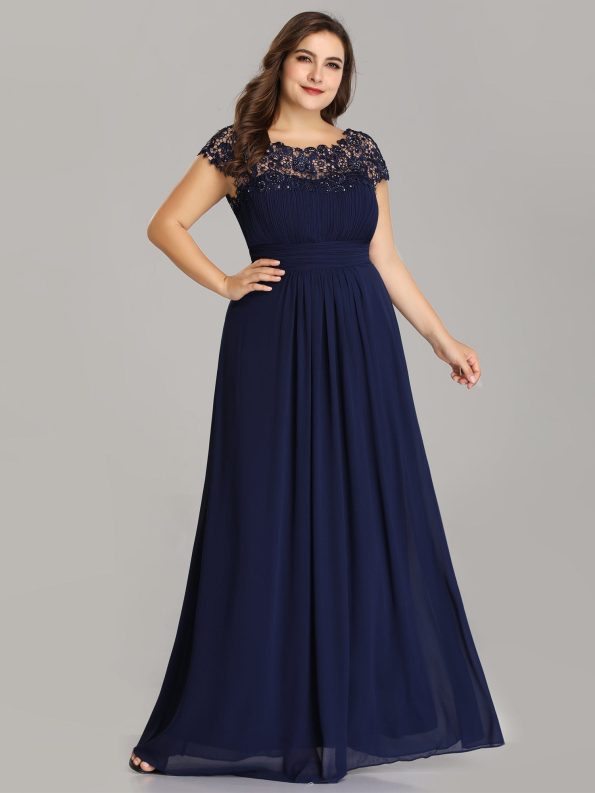 Maxi Lace Cap Sleeve Long Formal Evening Dress - Navy Blue