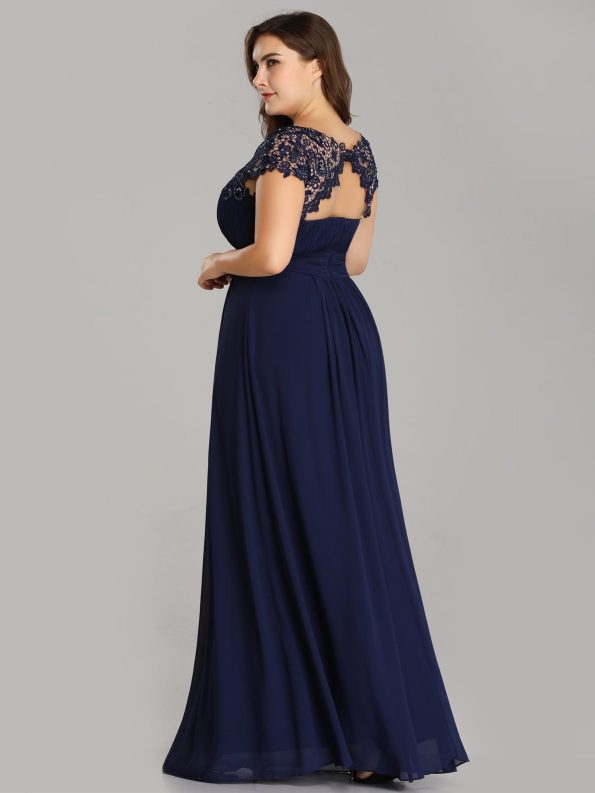 Maxi Lace Cap Sleeve Long Formal Evening Dress - Navy Blue