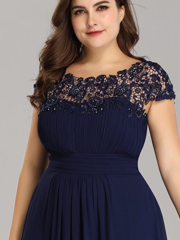 Maxi Lace Cap Sleeve Long Formal Evening Dress - Navy Blue