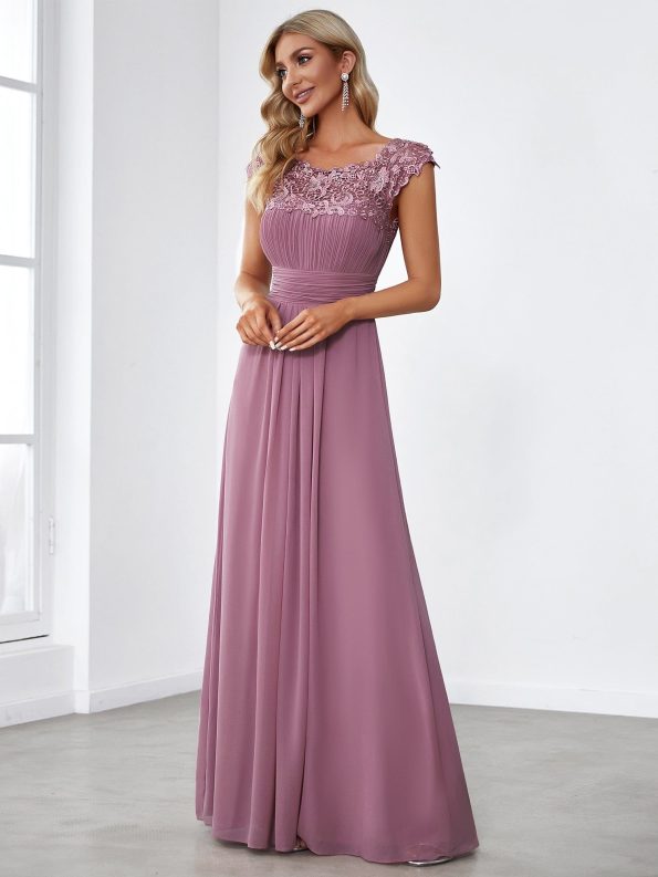 Maxi Lace Cap Sleeve Long Formal Evening Dress - Purple Orchid