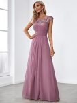 Maxi Lace Cap Sleeve Long Formal Evening Dress – Purple Orchid