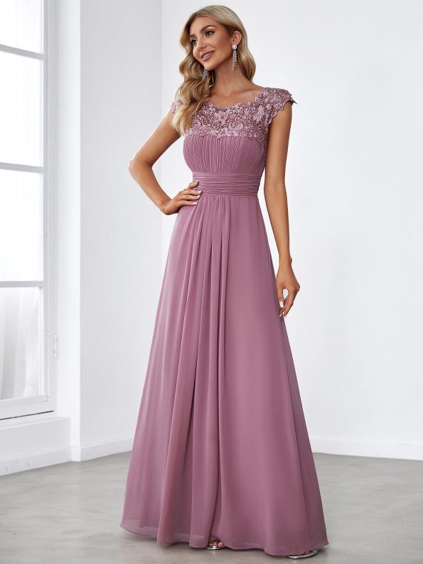 Maxi Lace Cap Sleeve Long Formal Evening Dress - Purple Orchid