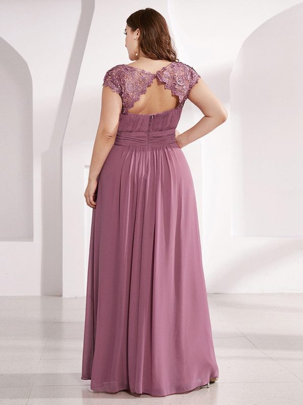 Elegant Maxi Long Lace Cap Sleeve Bridesmaid Dress - Purple Orchid