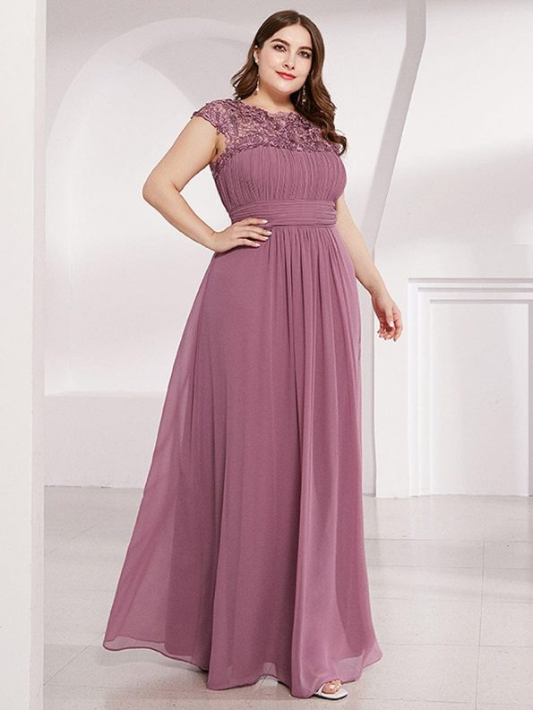 Elegant Maxi Long Lace Cap Sleeve Bridesmaid Dress - Purple Orchid