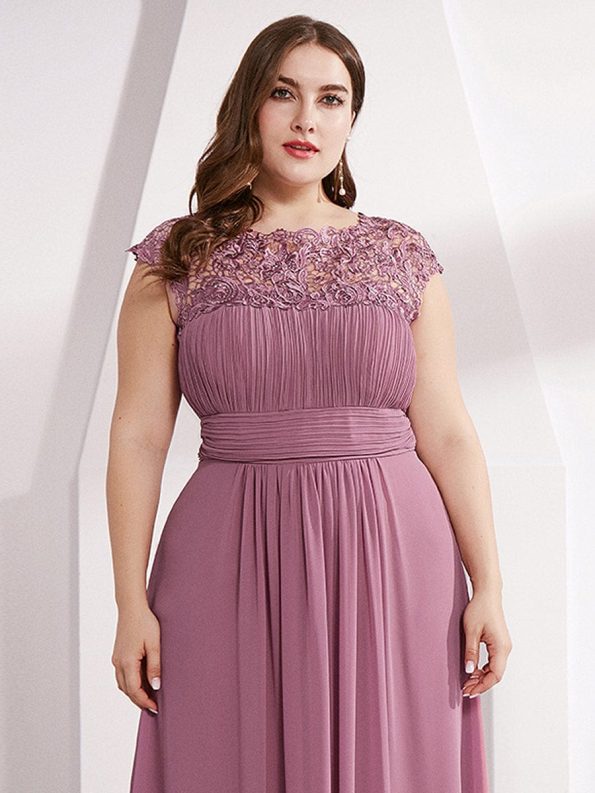 Elegant Maxi Long Lace Cap Sleeve Bridesmaid Dress - Purple Orchid