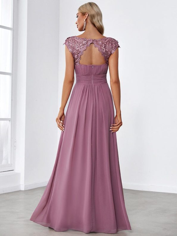 Maxi Lace Cap Sleeve Long Formal Evening Dress - Purple Orchid