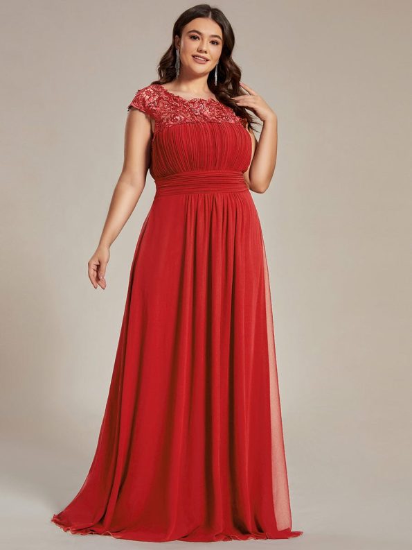 Elegant Floor-Length Lace Cap Sleeve Bridesmaid Dress - Red