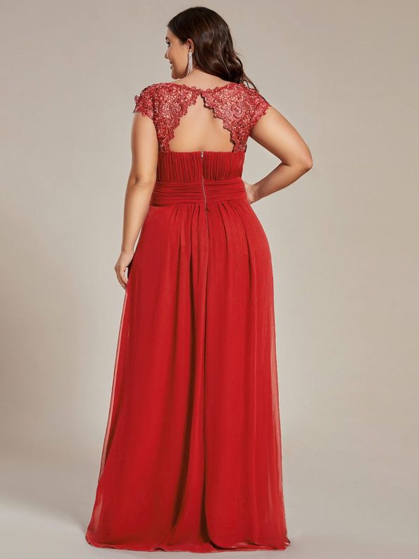 Elegant Floor-Length Lace Cap Sleeve Bridesmaid Dress - Red