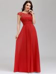 Elegant Floor-Length Lace Cap Sleeve Bridesmaid Dress – Red