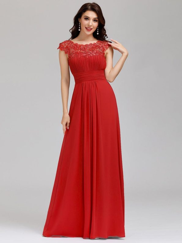 Elegant Floor-Length Lace Cap Sleeve Bridesmaid Dress - Red