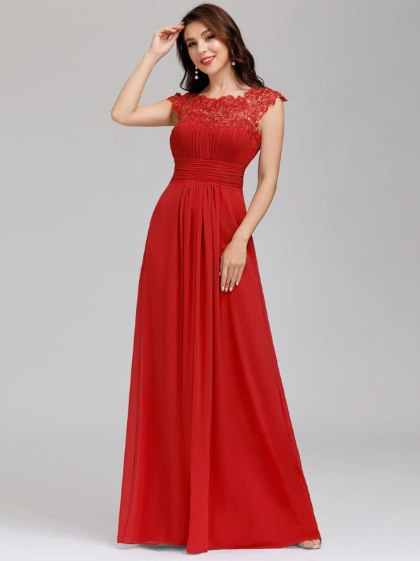 Elegant Floor-Length Lace Cap Sleeve Bridesmaid Dress - Red