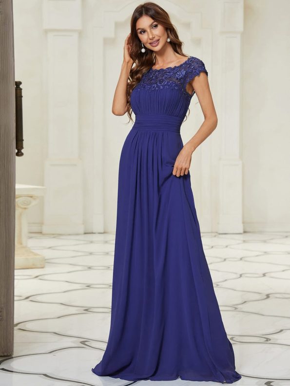 Classic Maxi Long Lace Cap Sleeve Bridesmaid Dress - Sapphire Blue