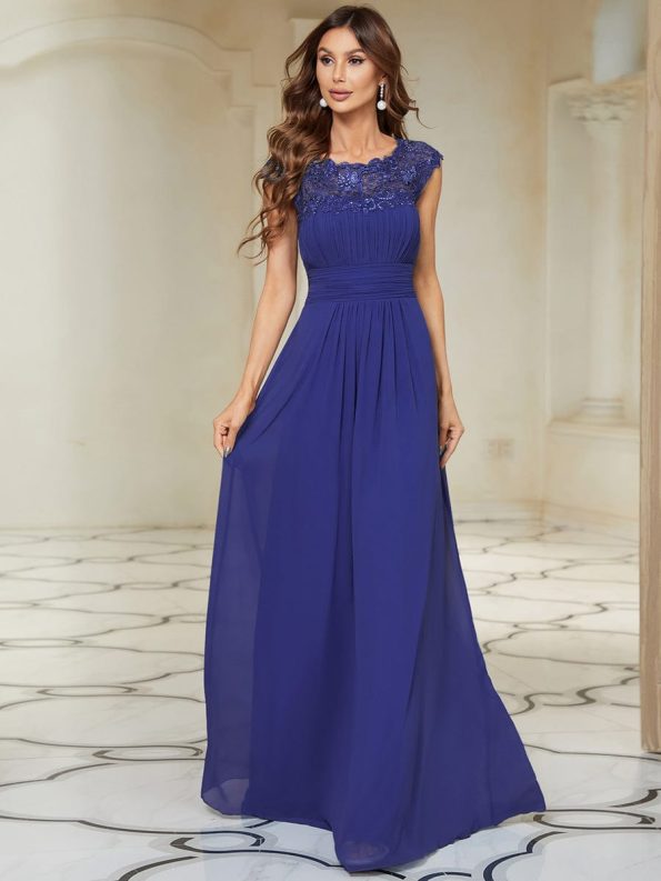 Classic Maxi Long Lace Cap Sleeve Bridesmaid Dress - Sapphire Blue