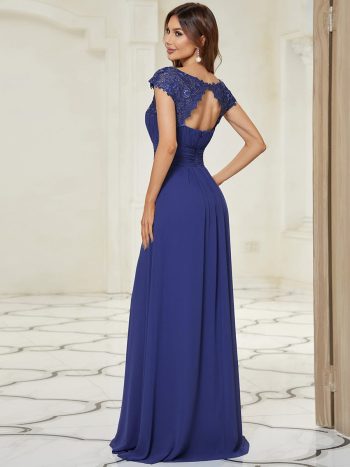 Classic Maxi Long Lace Cap Sleeve Bridesmaid Dress - Sapphire Blue