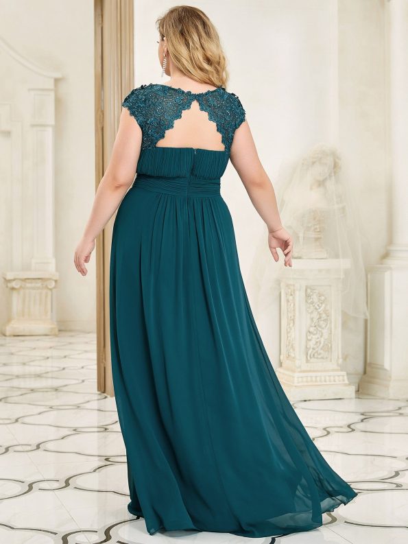 Maxi Lace Cap Sleeve Long Formal Evening Dress - Teal