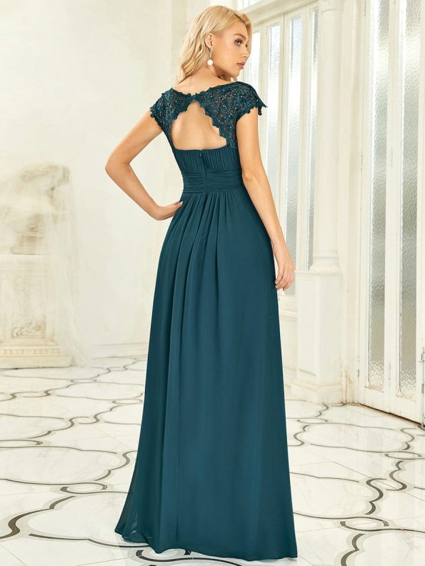 Maxi Lace Cap Sleeve Long Formal Evening Dress - Teal