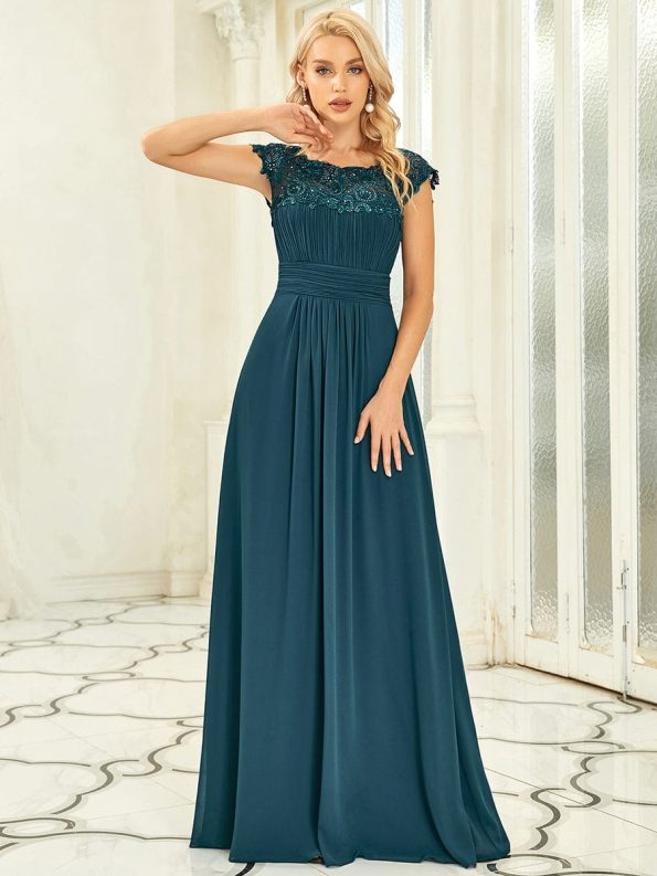 Maxi Lace Cap Sleeve Long Formal Evening Dress - Teal