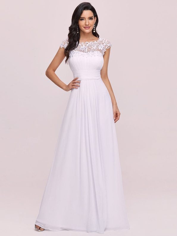 Maxi Lace Cap Sleeve Long Formal Evening Dress - White