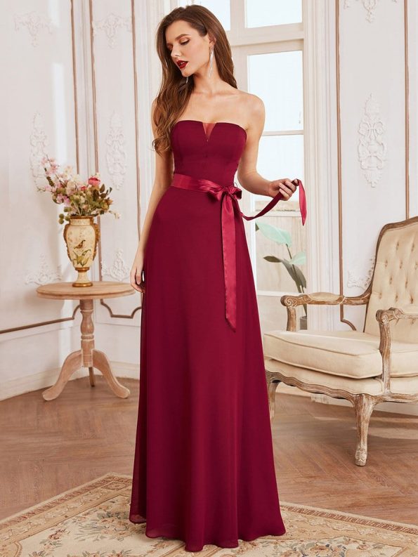 Romantic Strapless Knotted Waistband Long Bridesmaid Dress - Burgundy